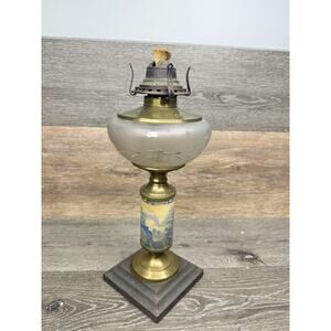 Antique 19th C. Queen Anne Oil Lamp Footed Victorian Porcelain Brass 14.5” Tall